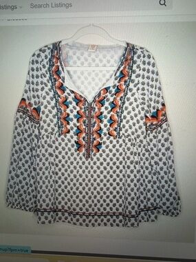 Sundance Adelle white black Embroidered blouse Tunic Orange & Teal Embroidery